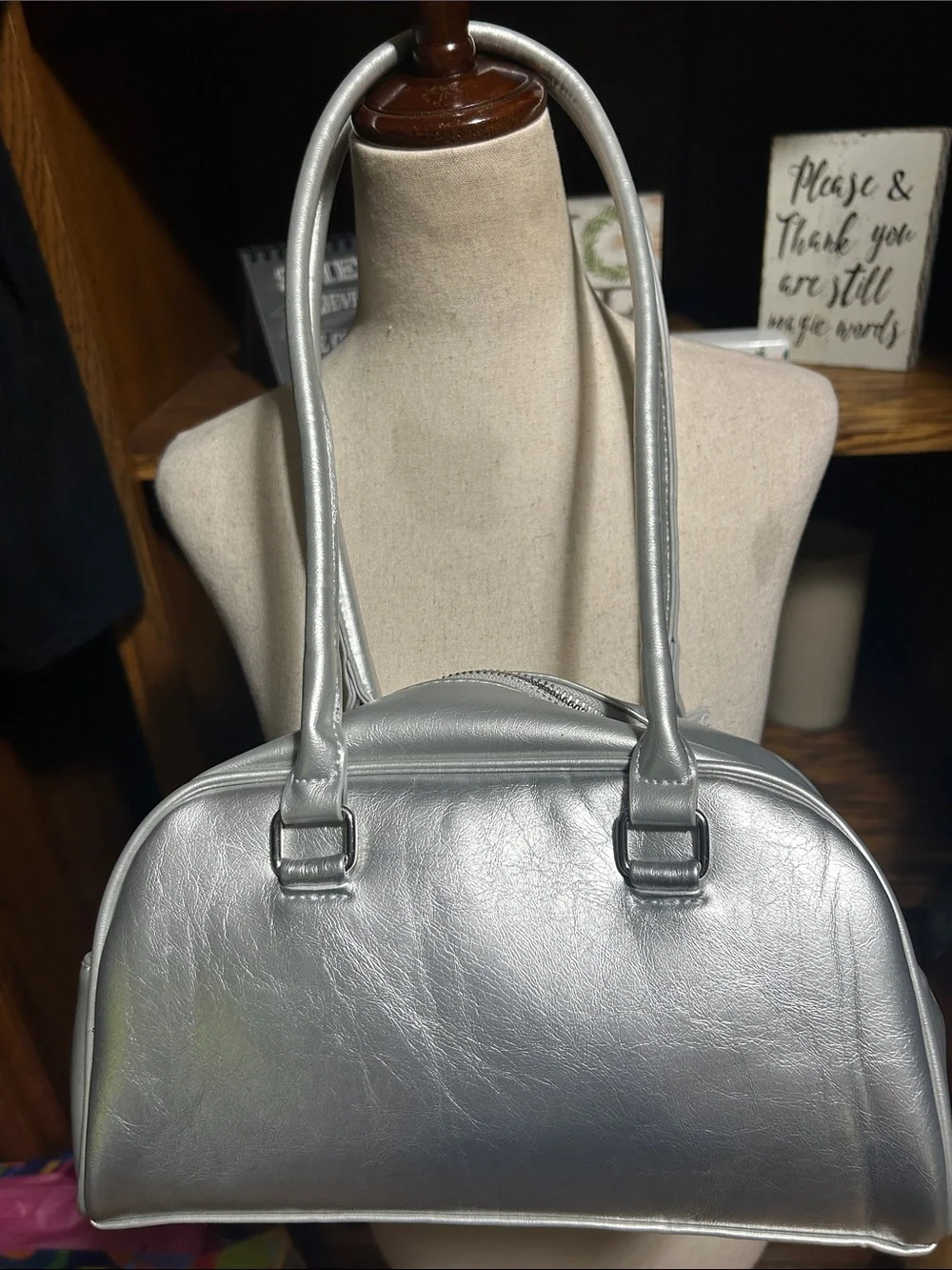 Classic Silver Dome Satchel Handbag NWOT